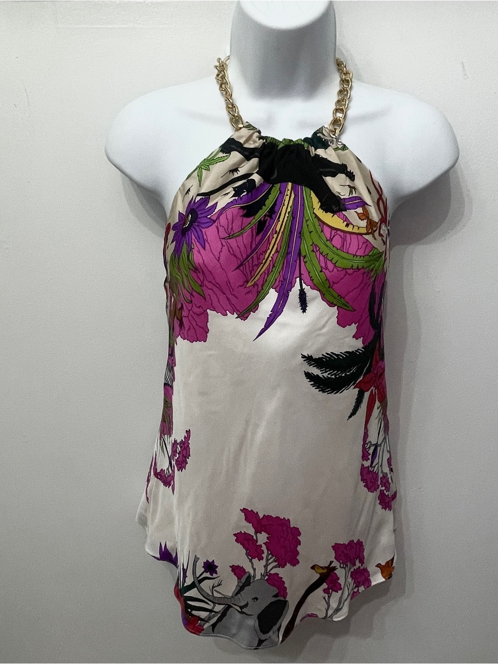 Y2K Silk Halter Top Maximalist Top Jungle Print Chain Neck Detail